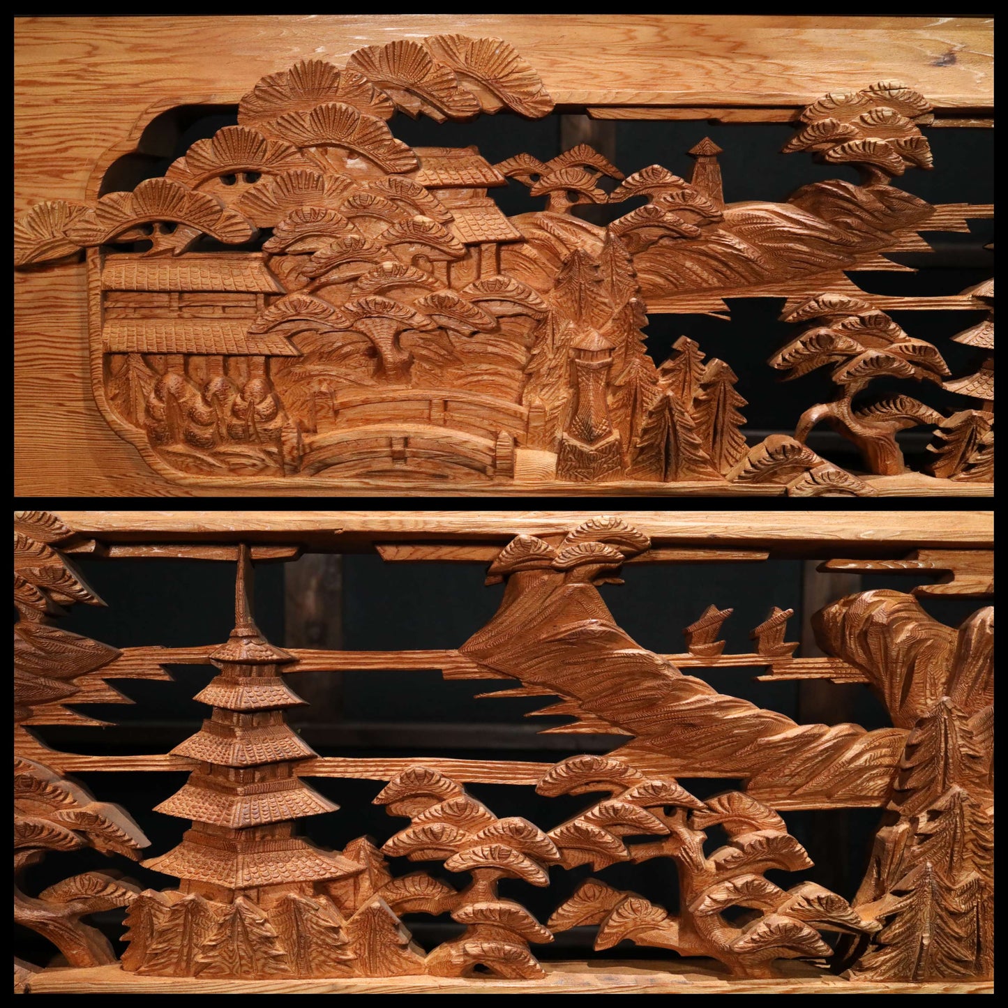 Japanese vintage furniture RANMA Wooden sculpture carving openwork Views of Japanese Garden, cherry blossoms and pine trees W74.4in/W189cm