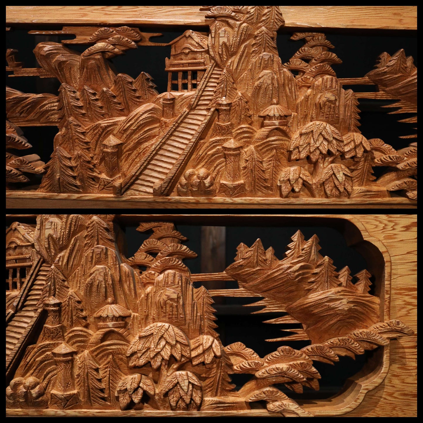Japanese vintage furniture RANMA Wooden sculpture carving openwork Views of Japanese Garden, cherry blossoms and pine trees W74.4in/W189cm