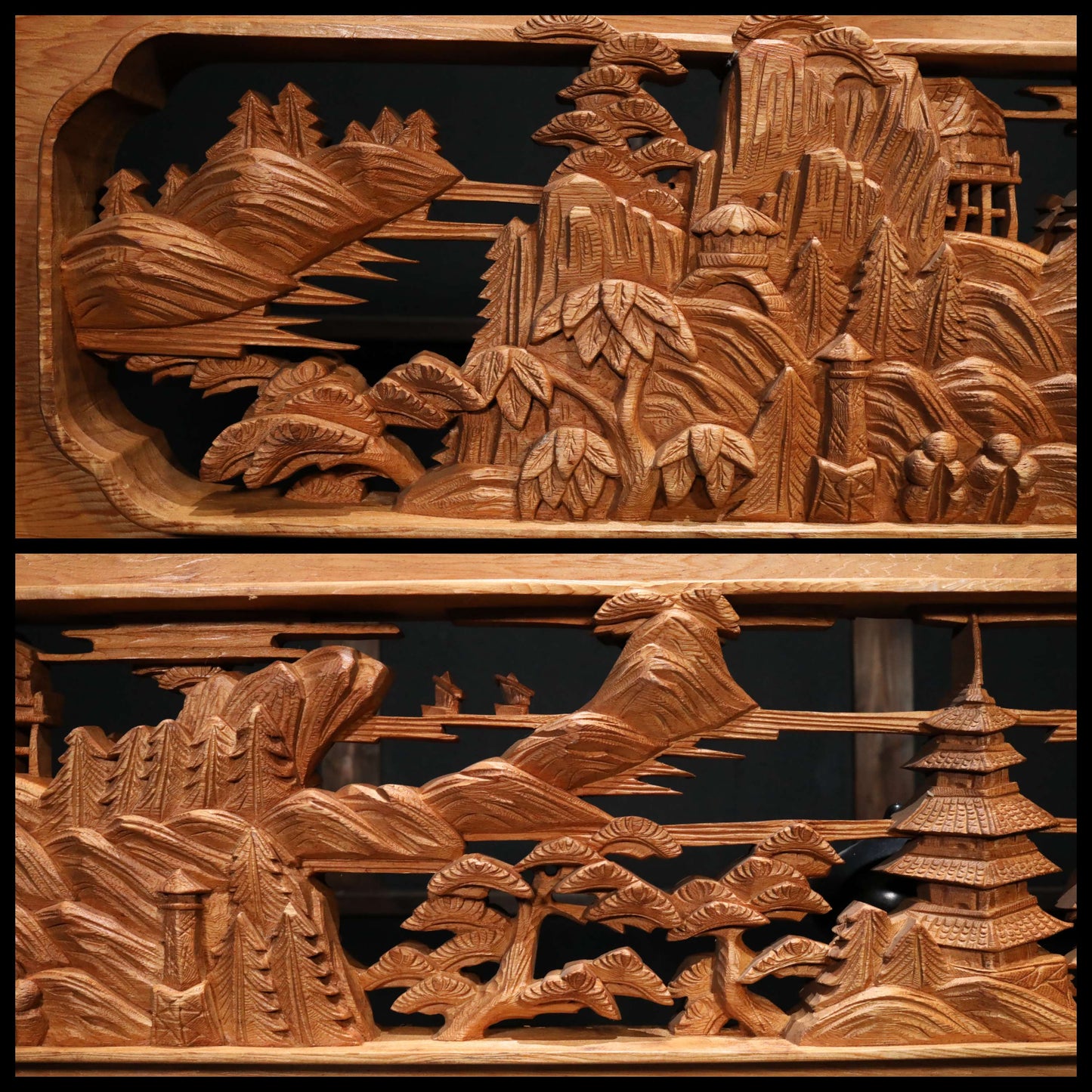 Japanese vintage furniture RANMA Wooden sculpture carving openwork Views of Japanese Garden, cherry blossoms and pine trees W74.4in/W189cm