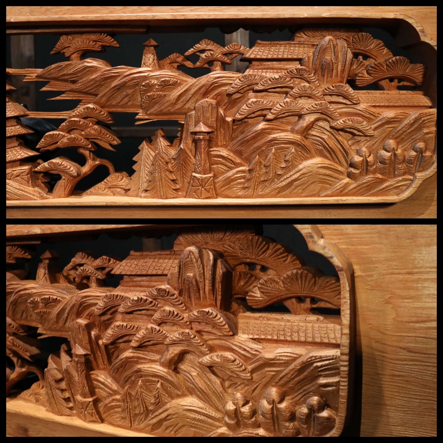 Japanese vintage furniture RANMA Wooden sculpture carving openwork Views of Japanese Garden, cherry blossoms and pine trees W74.4in/W189cm