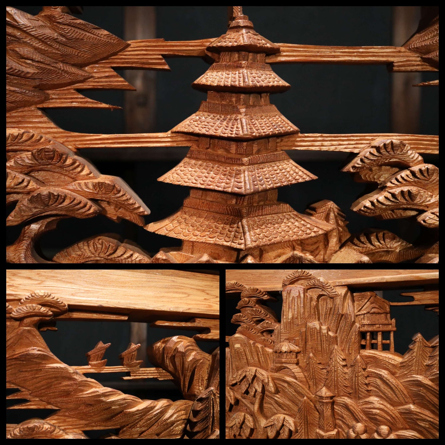 Japanese vintage furniture RANMA Wooden sculpture carving openwork Views of Japanese Garden, cherry blossoms and pine trees W74.4in/W189cm