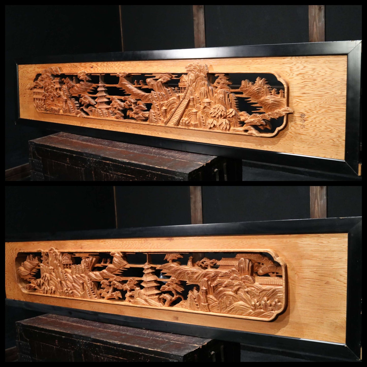 Japanese vintage furniture RANMA Wooden sculpture carving openwork Views of Japanese Garden, cherry blossoms and pine trees W74.4in/W189cm