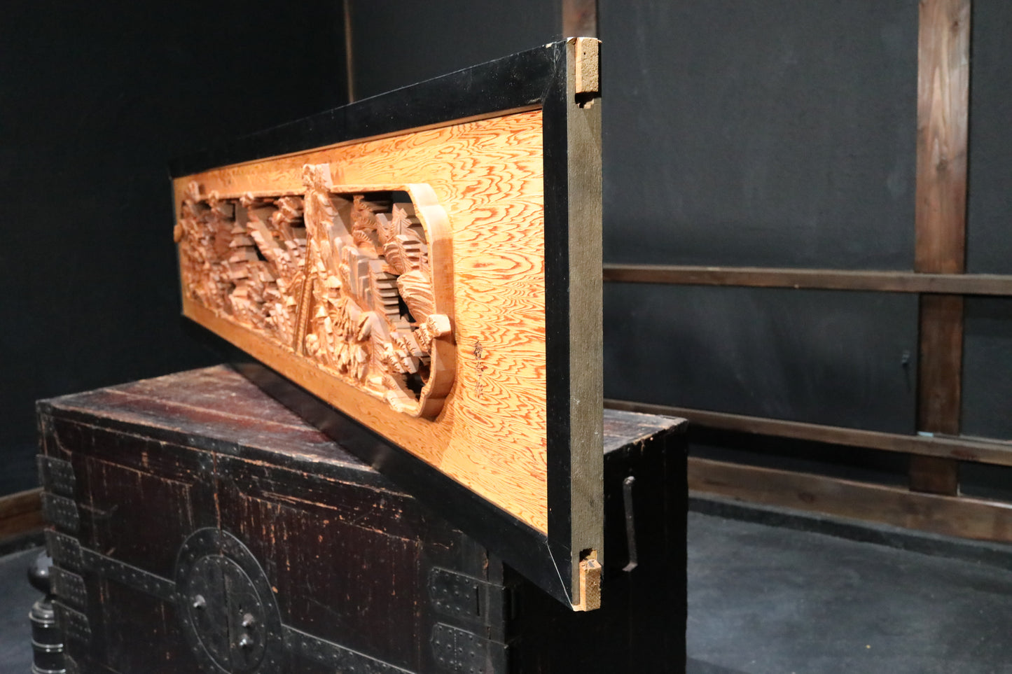 Japanese vintage furniture RANMA Wooden sculpture carving openwork Views of Japanese Garden, cherry blossoms and pine trees W74.4in/W189cm