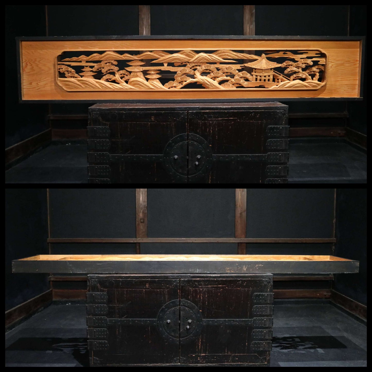 Japanese vintage furniture RANMA Wooden sculpture carving openwork Views of Japanese Garden, sea, mountains, pine trees W13.8in/W184cm