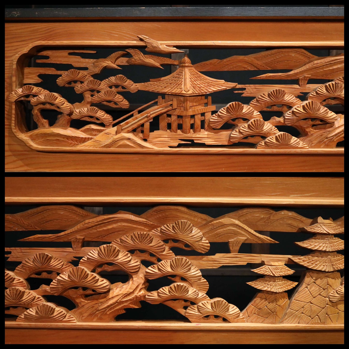 Japanese vintage furniture RANMA Wooden sculpture carving openwork Views of Japanese Garden, sea, mountains, pine trees W13.8in/W184cm