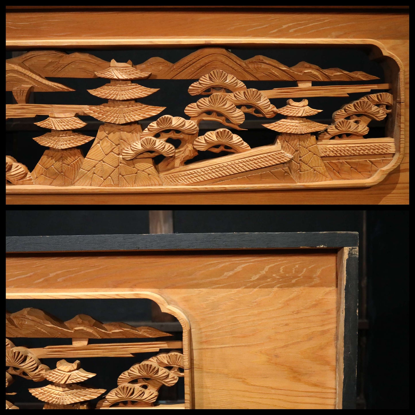 Japanese vintage furniture RANMA Wooden sculpture carving openwork Views of Japanese Garden, sea, mountains, pine trees W13.8in/W184cm