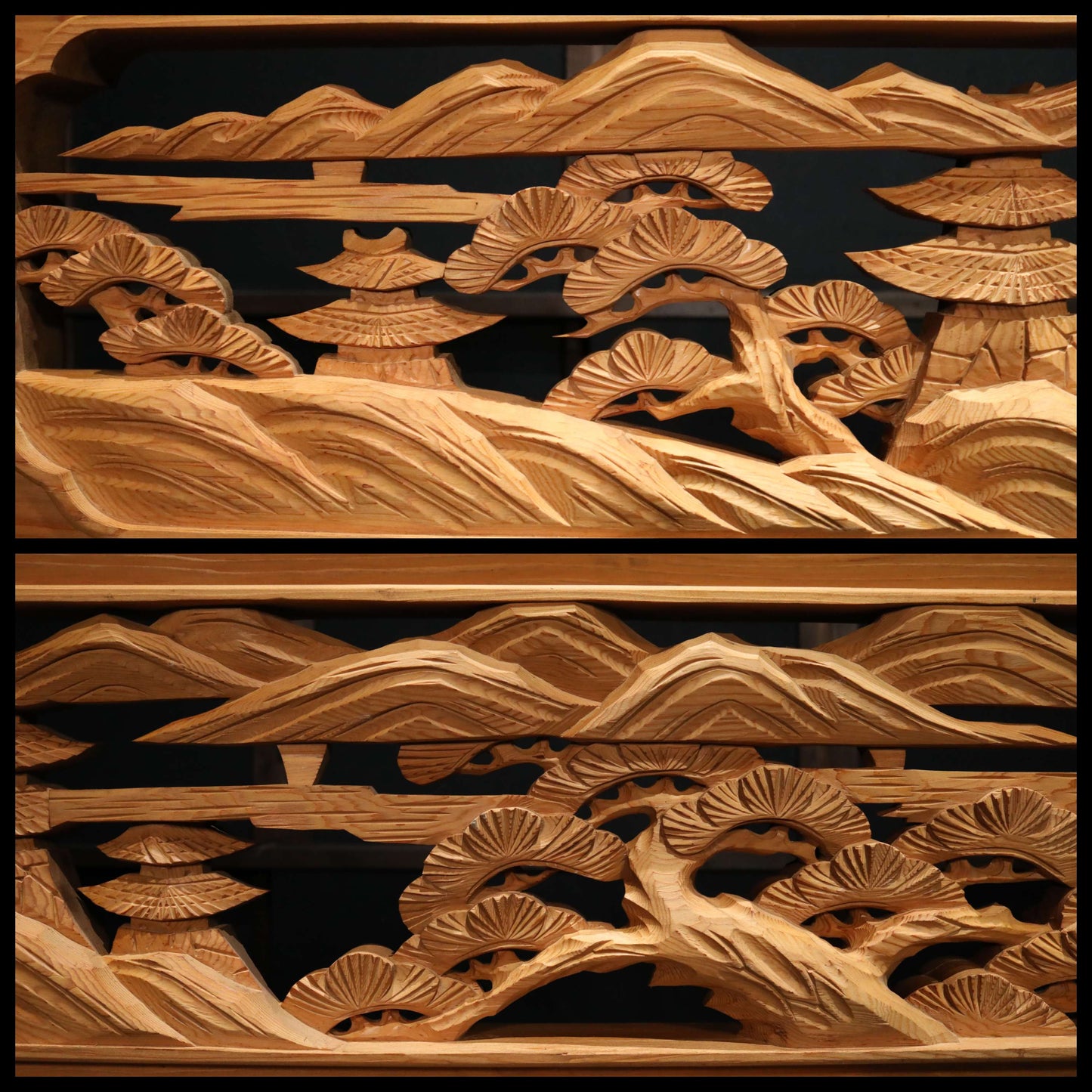 Japanese vintage furniture RANMA Wooden sculpture carving openwork Views of Japanese Garden, sea, mountains, pine trees W13.8in/W184cm