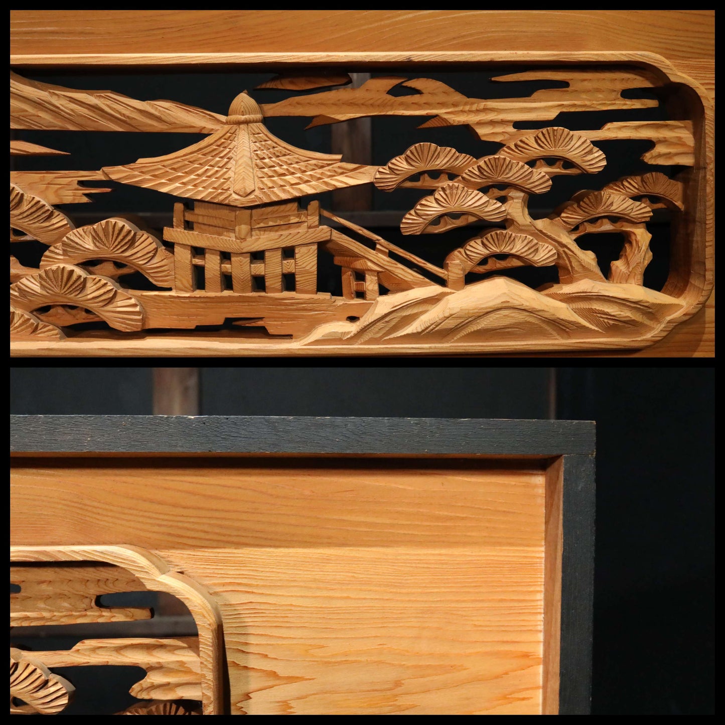 Japanese vintage furniture RANMA Wooden sculpture carving openwork Views of Japanese Garden, sea, mountains, pine trees W13.8in/W184cm