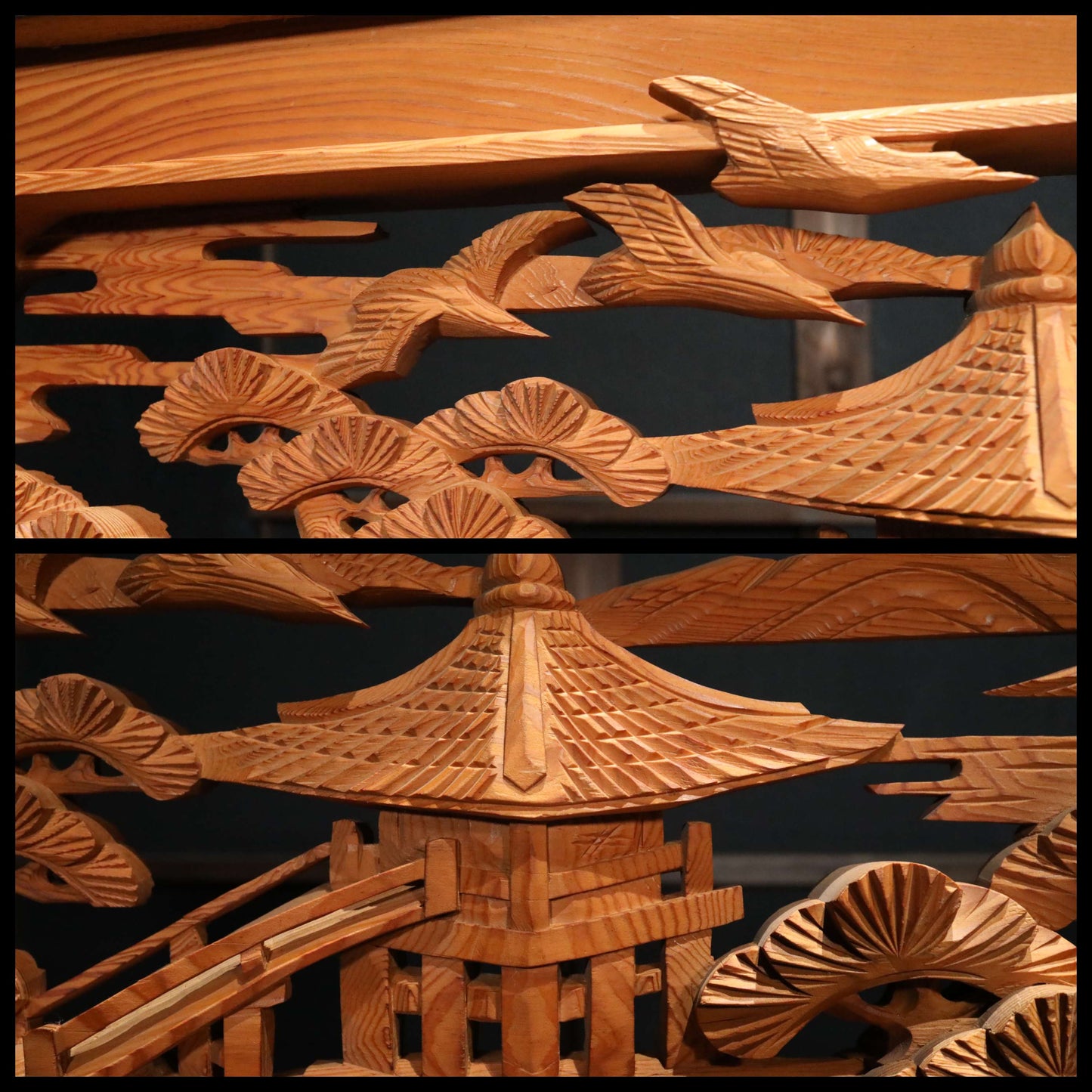Japanese vintage furniture RANMA Wooden sculpture carving openwork Views of Japanese Garden, sea, mountains, pine trees W13.8in/W184cm