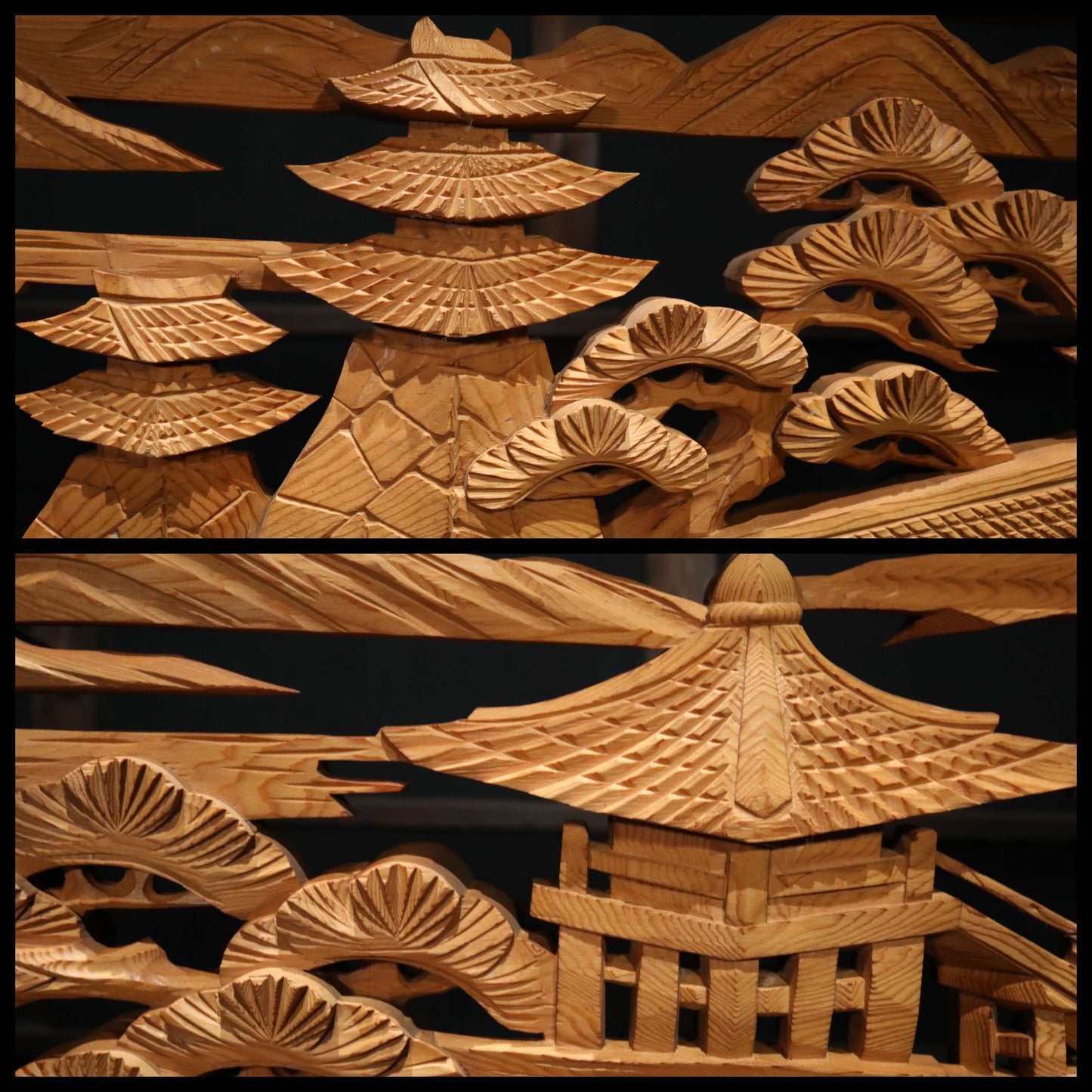 Japanese vintage furniture RANMA Wooden sculpture carving openwork Views of Japanese Garden, sea, mountains, pine trees W13.8in/W184cm