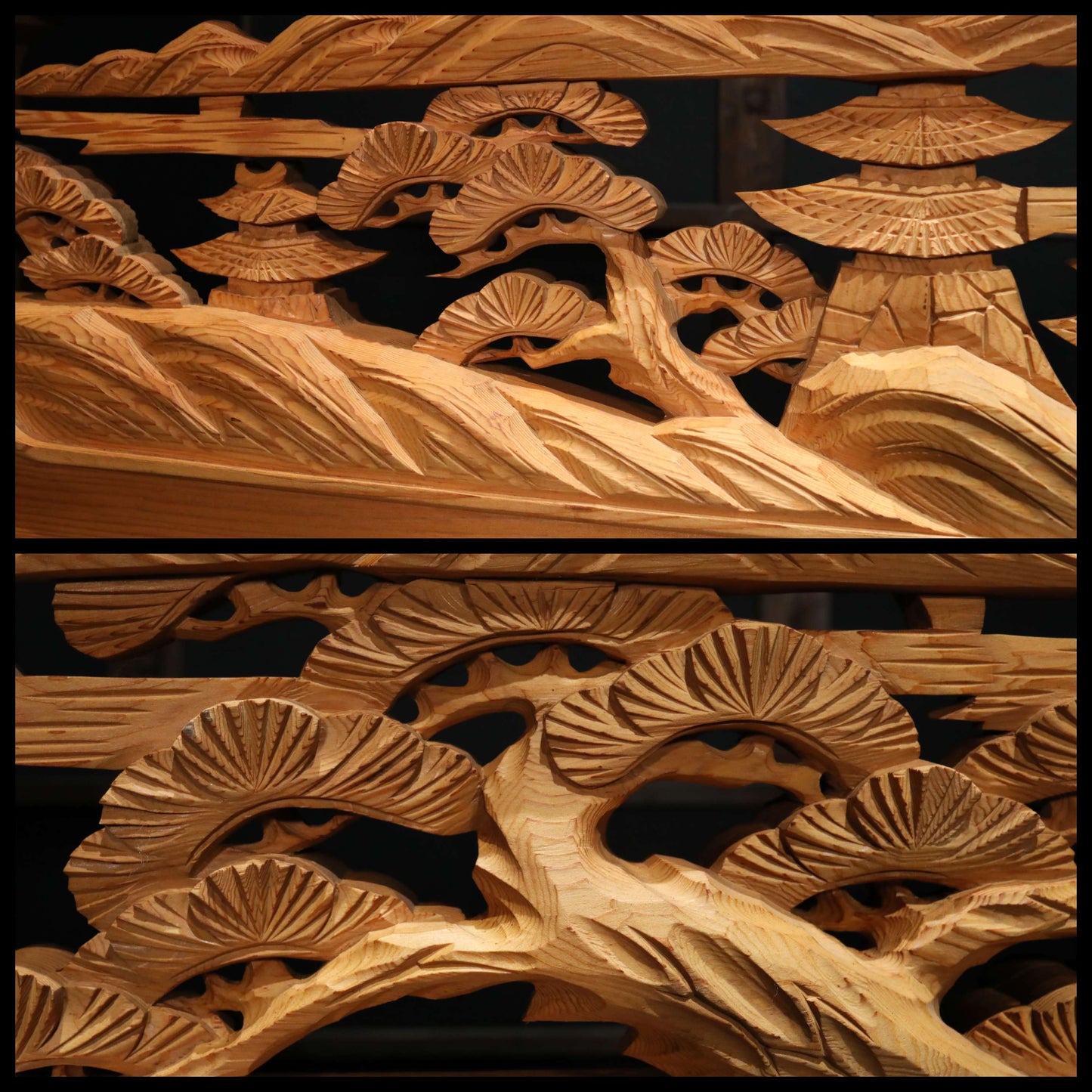 Japanese vintage furniture RANMA Wooden sculpture carving openwork Views of Japanese Garden, sea, mountains, pine trees W13.8in/W184cm