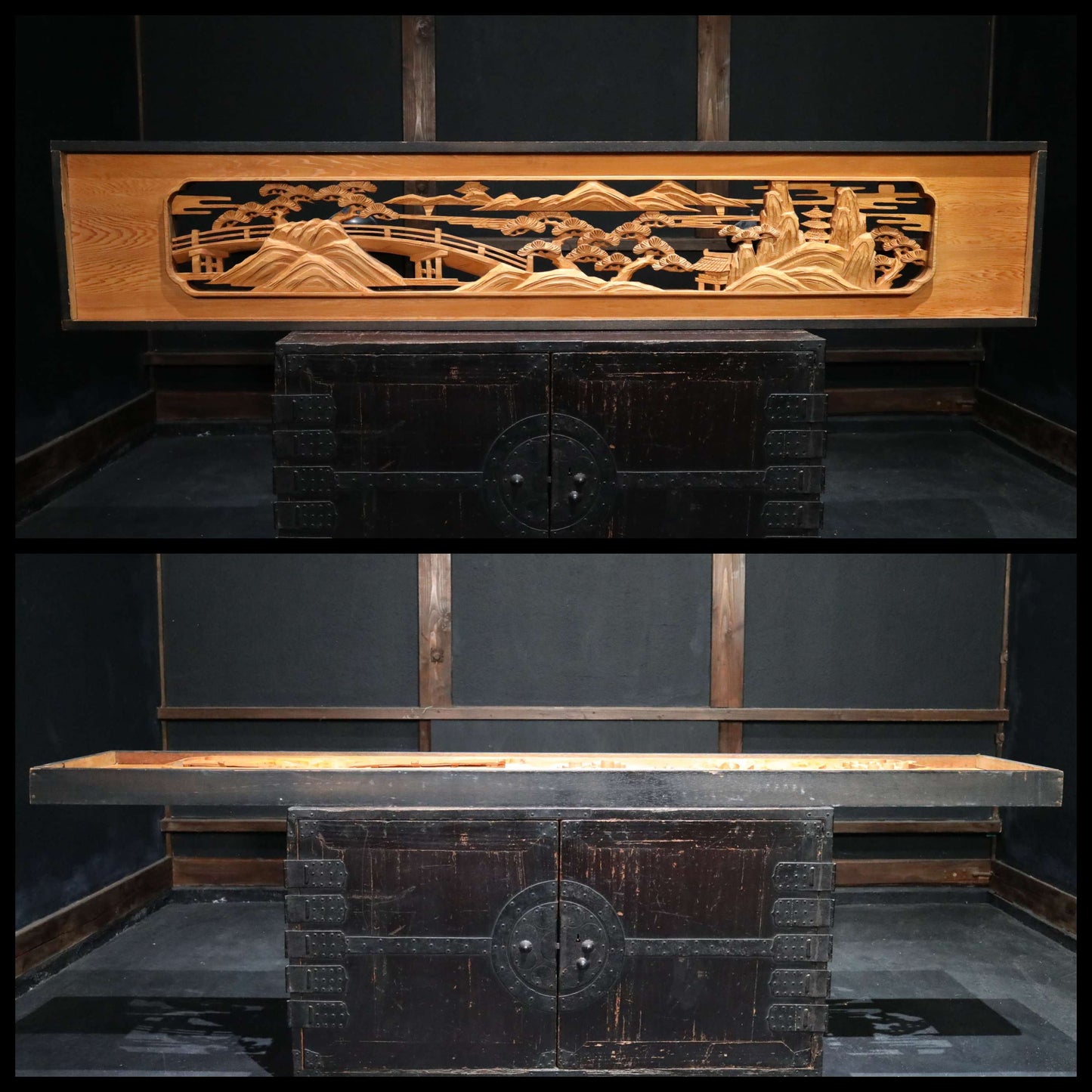 Japanese vintage furniture RANMA Wooden sculpture carving openwork Views of Japanese Garden, sea, mountains, pine trees W13.8in/W184cm