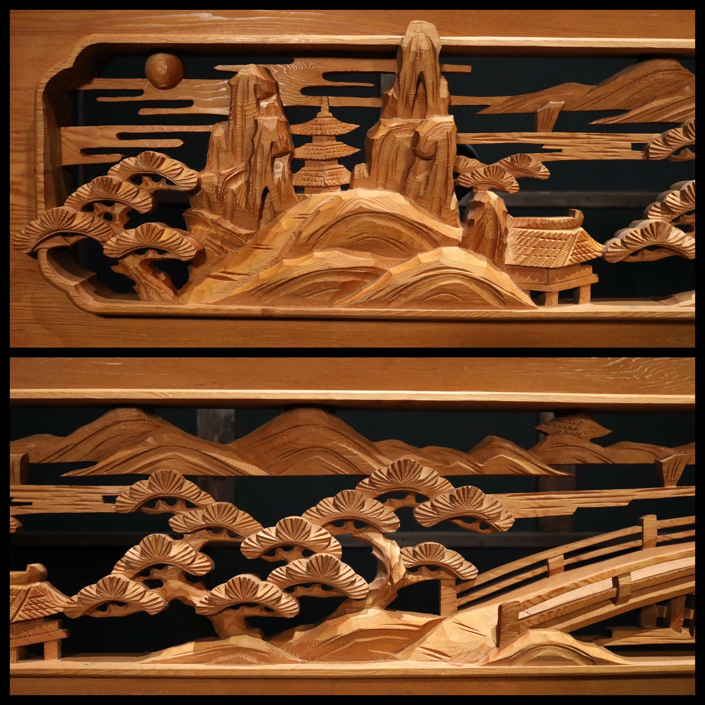 Japanese vintage furniture RANMA Wooden sculpture carving openwork Views of Japanese Garden, sea, mountains, pine trees W13.8in/W184cm