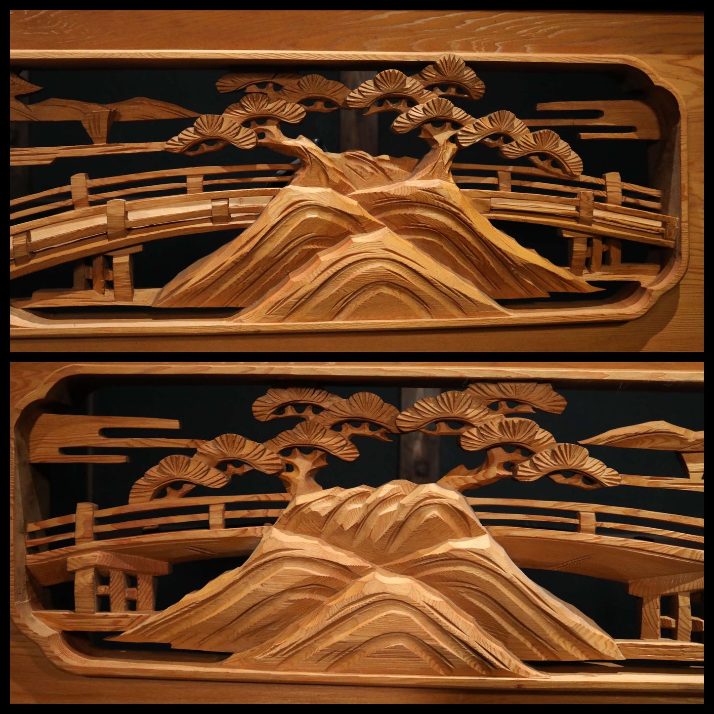 Japanese vintage furniture RANMA Wooden sculpture carving openwork Views of Japanese Garden, sea, mountains, pine trees W13.8in/W184cm