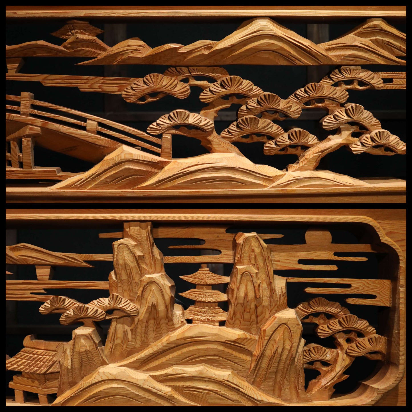 Japanese vintage furniture RANMA Wooden sculpture carving openwork Views of Japanese Garden, sea, mountains, pine trees W13.8in/W184cm
