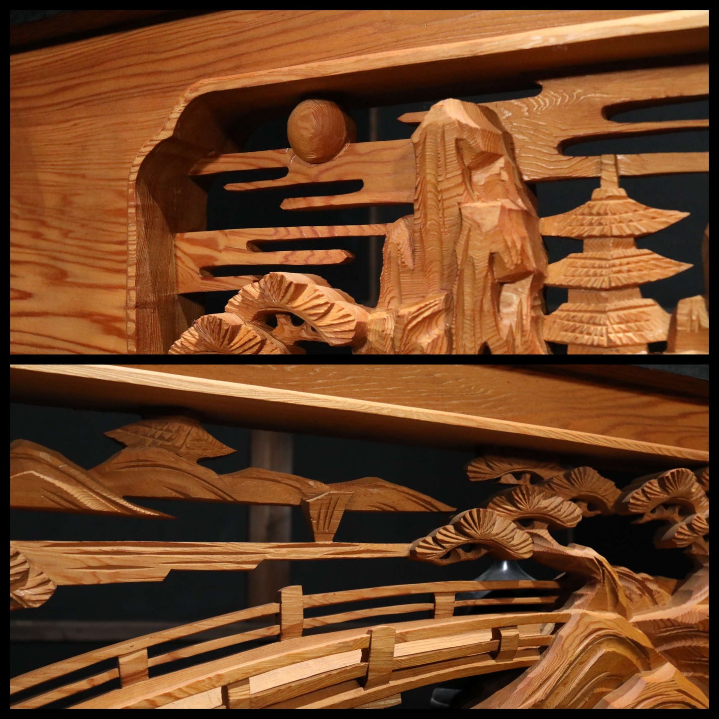 Japanese vintage furniture RANMA Wooden sculpture carving openwork Views of Japanese Garden, sea, mountains, pine trees W13.8in/W184cm