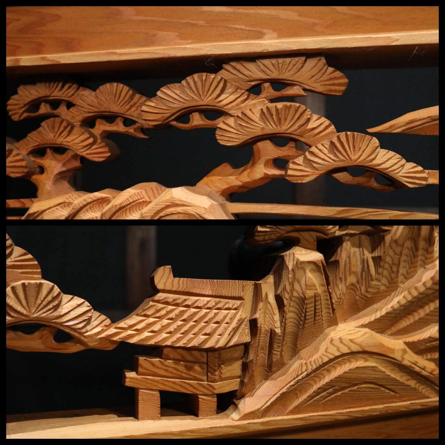 Japanese vintage furniture RANMA Wooden sculpture carving openwork Views of Japanese Garden, sea, mountains, pine trees W13.8in/W184cm