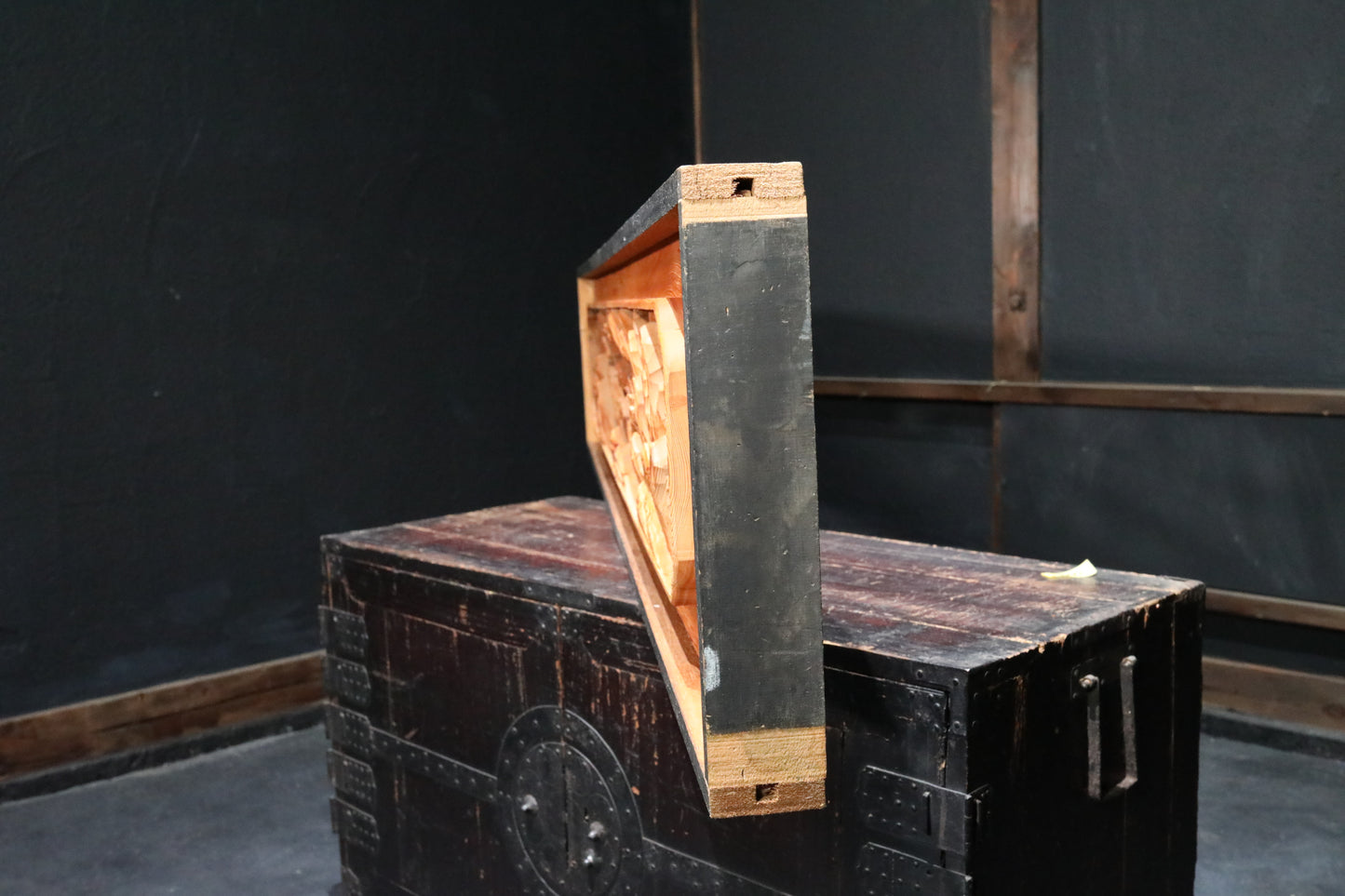 Japanese vintage furniture RANMA Wooden sculpture carving openwork Views of Japanese Garden, sea, mountains, pine trees W13.8in/W184cm