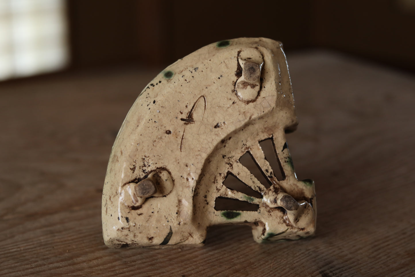 Japanese antique Oribe master craft ceramic plate for tea ceremony minimalist abstract 1880s kiln art craft W6.9×5.7in/W17.5×14.5cm