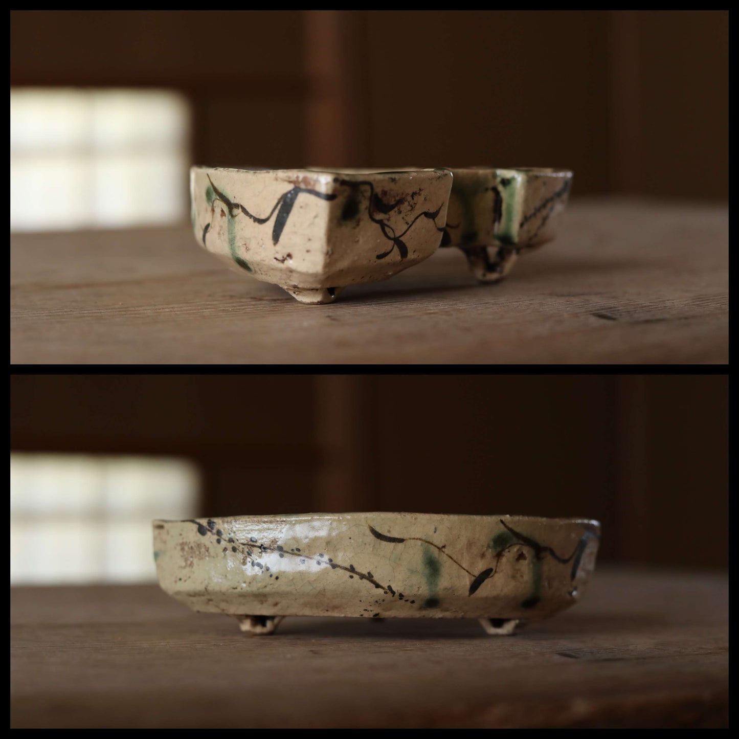 Japanese antique Oribe master craft ceramic plate for tea ceremony minimalist abstract 1880s kiln art craft W6.9×5.7in/W17.5×14.5cm