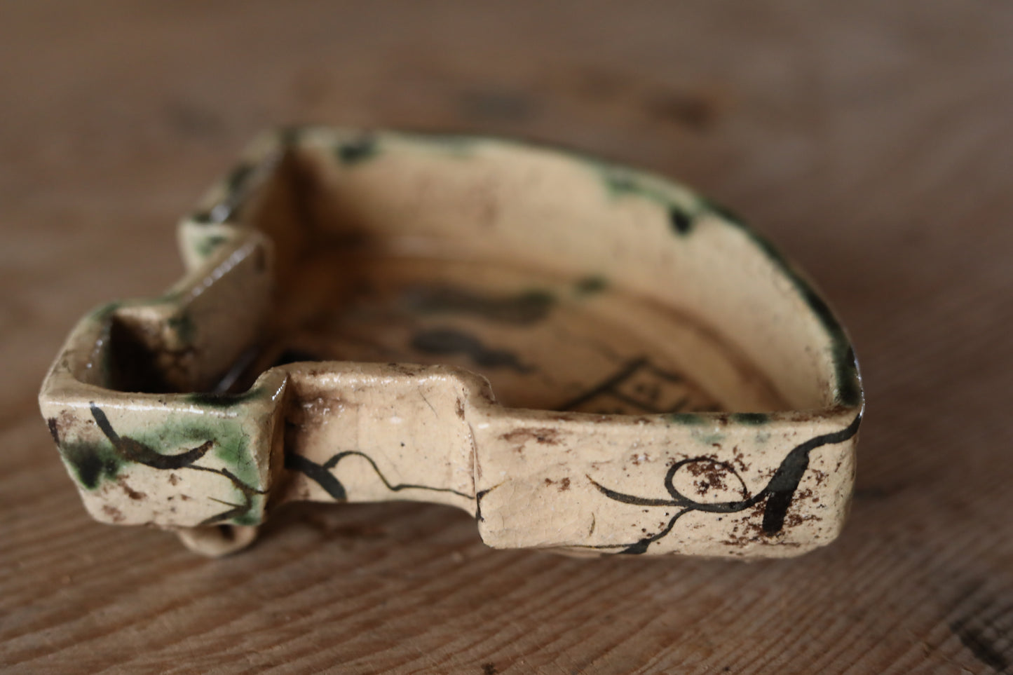 Japanese antique Oribe master craft ceramic plate for tea ceremony minimalist abstract 1880s kiln art craft W6.9×5.7in/W17.5×14.5cm