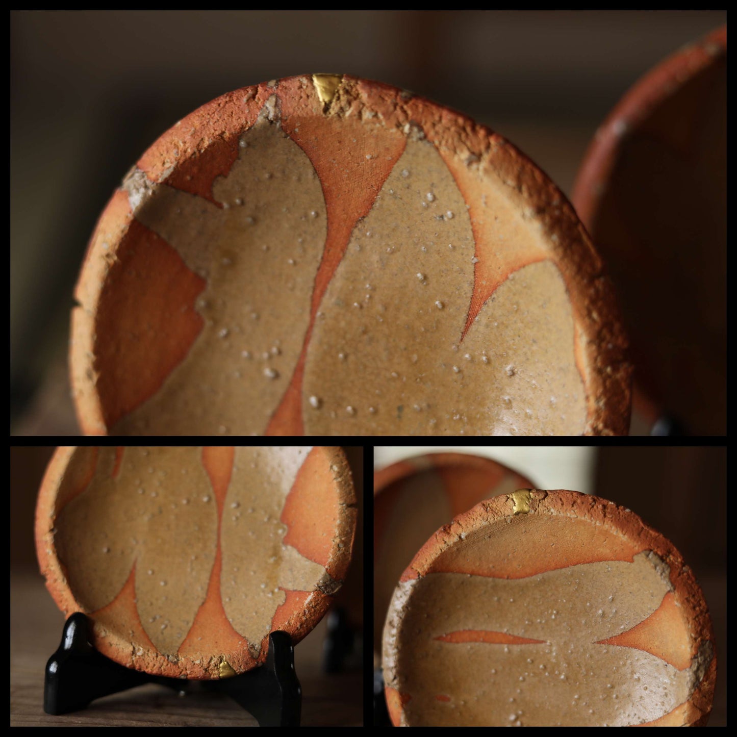 FINE! Set 5 five plate Japanese vintage 信楽sigaraki kiln ware dishes beautiful earth tone color with Gold kintsugi 6in/15.2cm