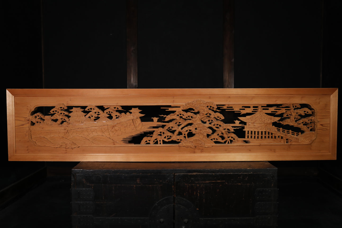 Japanese vintage furniture RANMA Wooden sculpture carving openwork Views of Japan castle, Pine forest, Sea, Ships W66.7in/W169.5cm