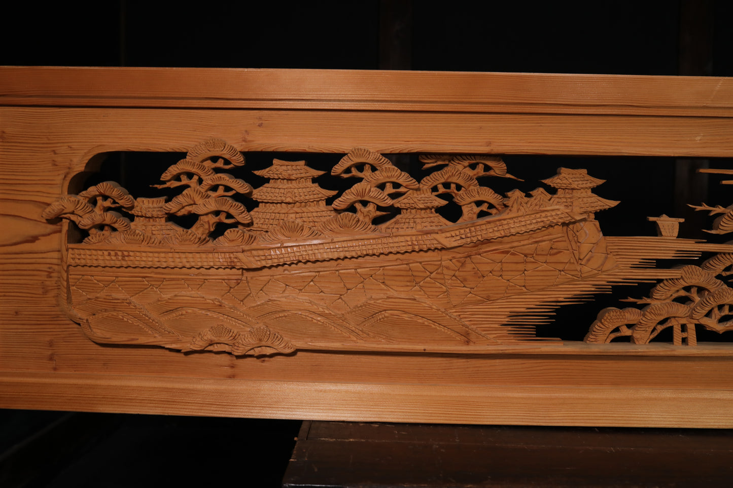 Japanese vintage furniture RANMA Wooden sculpture carving openwork Views of Japan castle, Pine forest, Sea, Ships W66.7in/W169.5cm