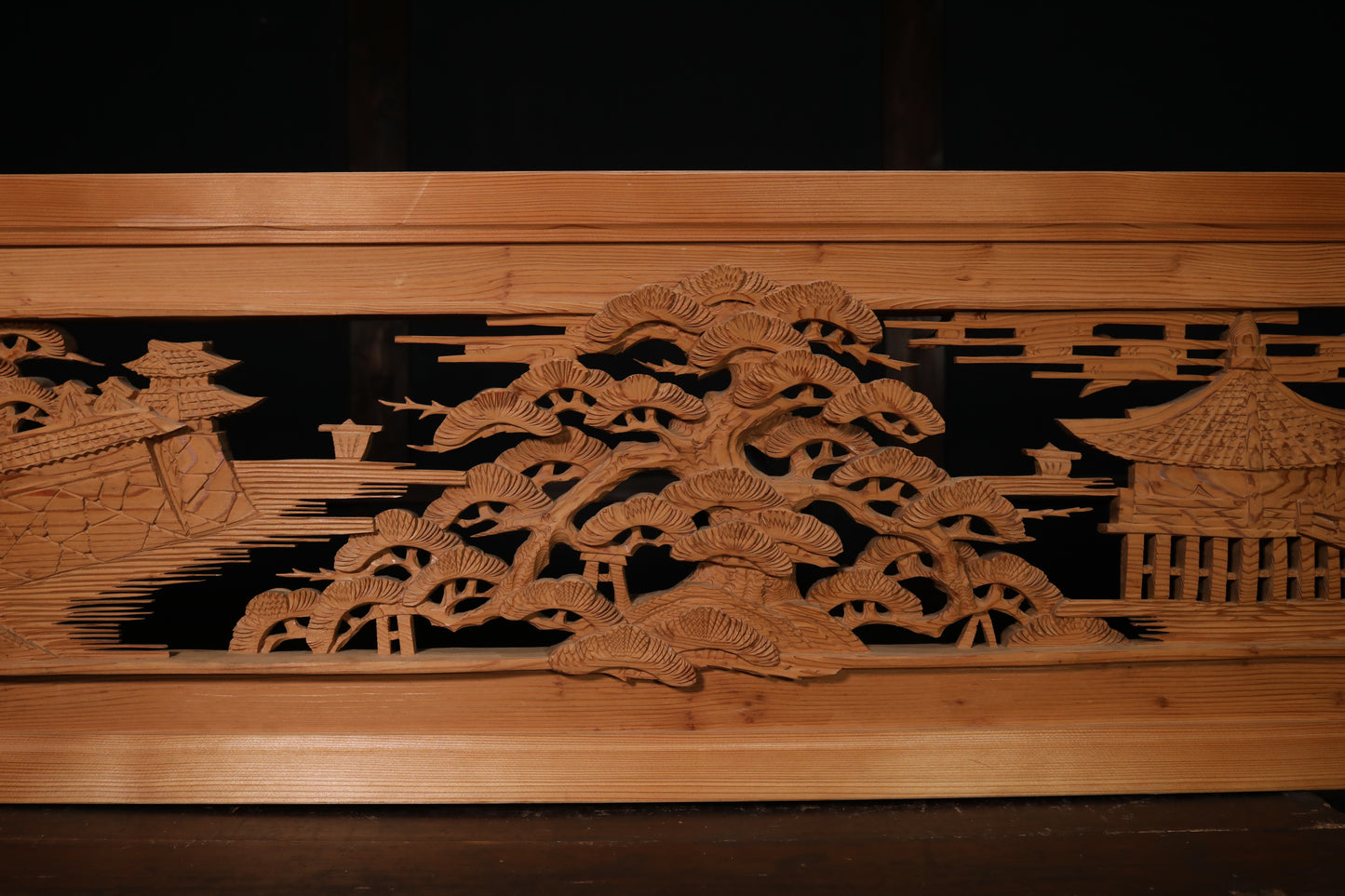 Japanese vintage furniture RANMA Wooden sculpture carving openwork Views of Japan castle, Pine forest, Sea, Ships W66.7in/W169.5cm