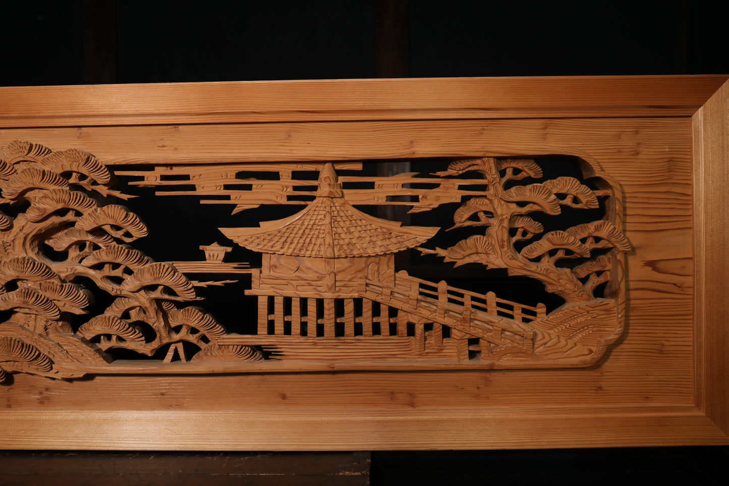 Japanese vintage furniture RANMA Wooden sculpture carving openwork Views of Japan castle, Pine forest, Sea, Ships W66.7in/W169.5cm