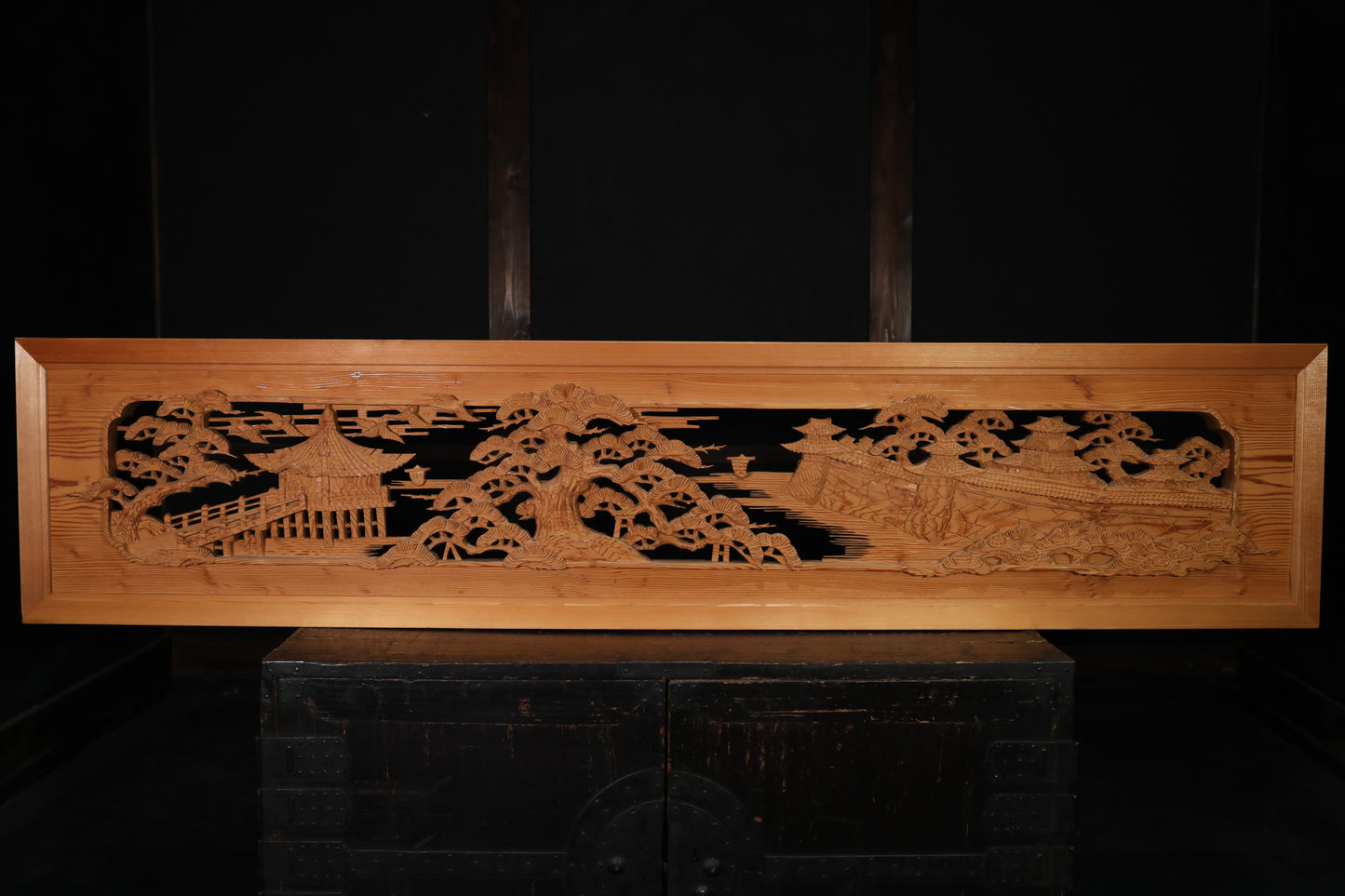 Japanese vintage furniture RANMA Wooden sculpture carving openwork Views of Japan castle, Pine forest, Sea, Ships W66.7in/W169.5cm