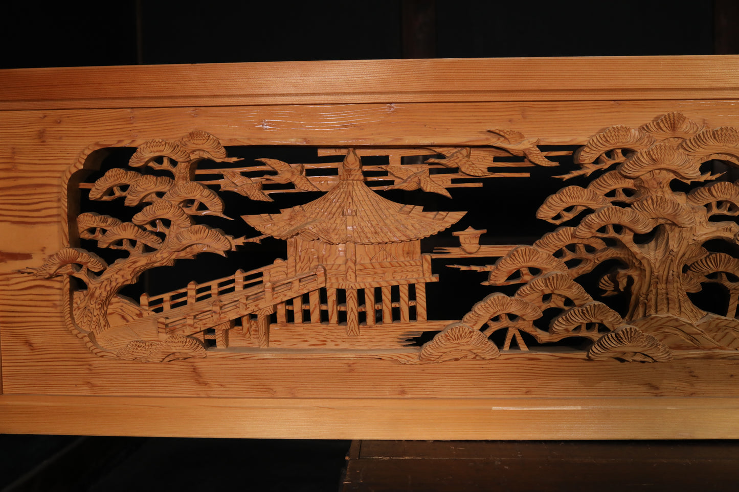 Japanese vintage furniture RANMA Wooden sculpture carving openwork Views of Japan castle, Pine forest, Sea, Ships W66.7in/W169.5cm