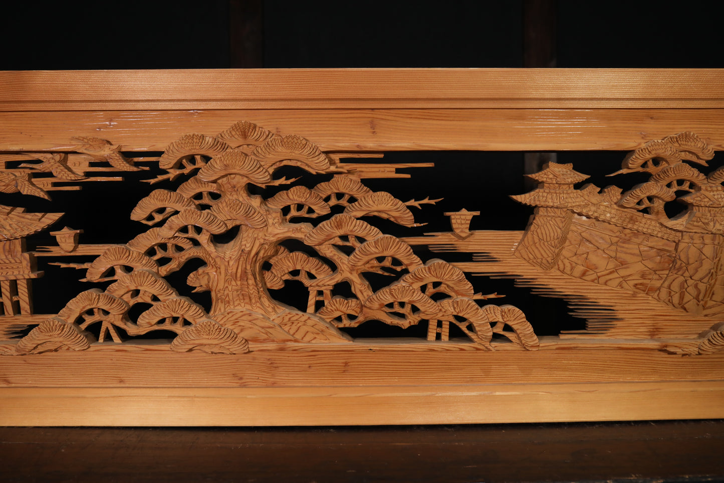 Japanese vintage furniture RANMA Wooden sculpture carving openwork Views of Japan castle, Pine forest, Sea, Ships W66.7in/W169.5cm