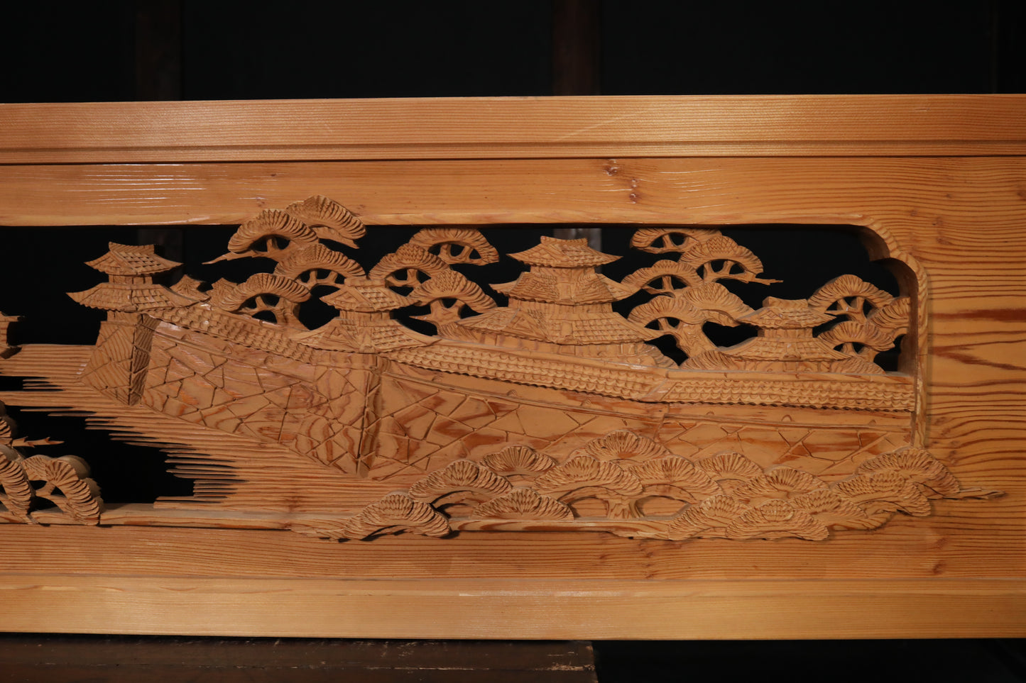 Japanese vintage furniture RANMA Wooden sculpture carving openwork Views of Japan castle, Pine forest, Sea, Ships W66.7in/W169.5cm