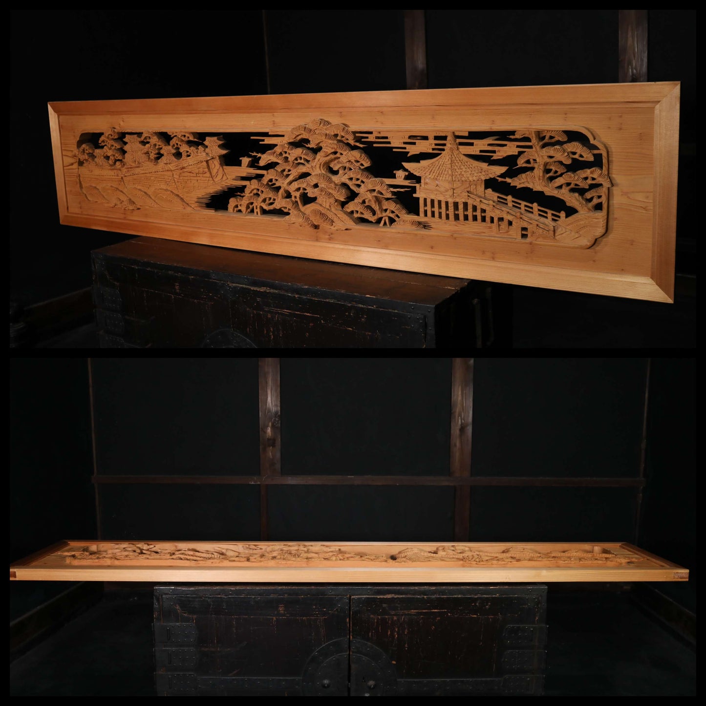 Japanese vintage furniture RANMA Wooden sculpture carving openwork Views of Japan castle, Pine forest, Sea, Ships W66.7in/W169.5cm