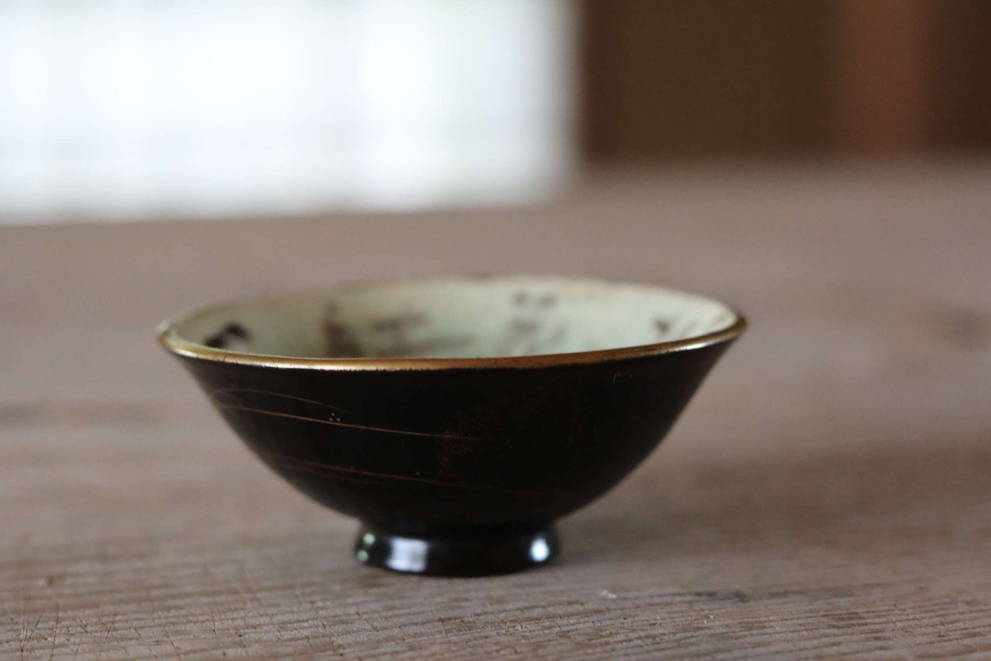 Japanese antique 1890s kiln art sake cup ceramic with black gold Lacquer "sakazuki" "guinomi" with wooden box For GIFT W2.9in/W7.4cm