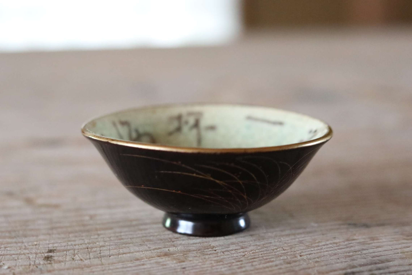 Japanese antique 1890s kiln art sake cup ceramic with black gold Lacquer "sakazuki" "guinomi" with wooden box For GIFT W2.9in/W7.4cm