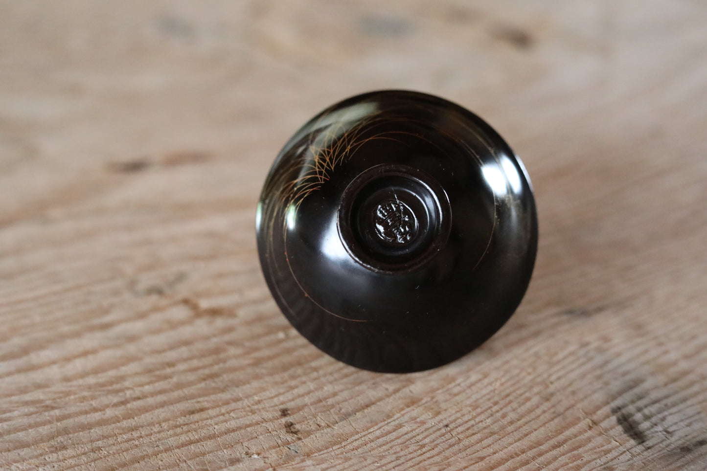 Japanese antique 1890s kiln art sake cup ceramic with black gold Lacquer "sakazuki" "guinomi" with wooden box For GIFT W2.9in/W7.4cm