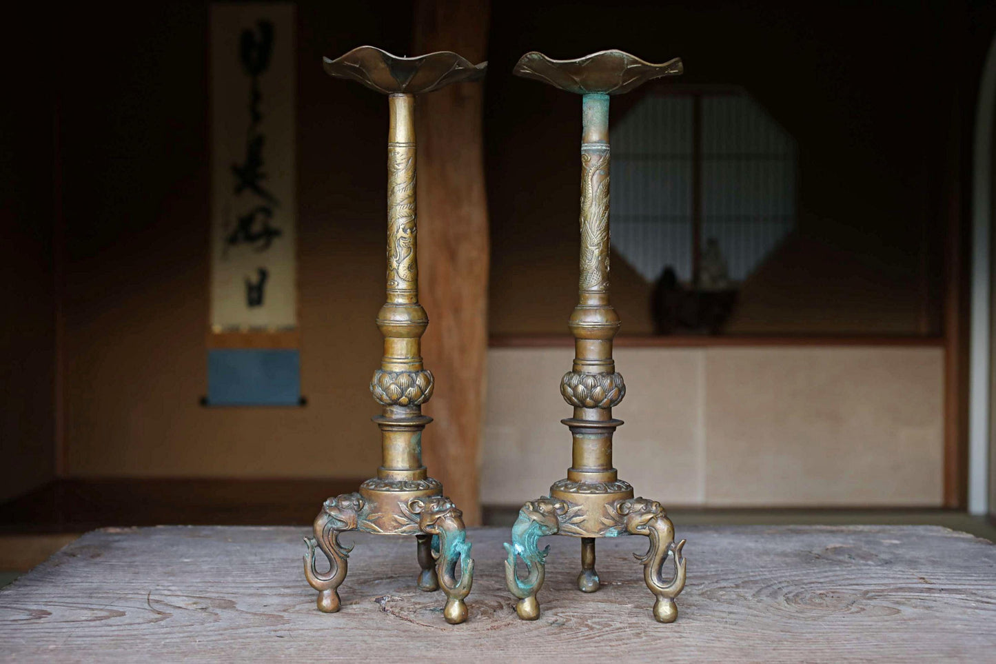 Antique Brass Candlestick Pair - Japanese Dragon Lotus Design With Lion Head Base