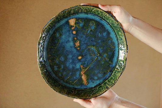 Oribe Ware Platter - Japanese Ceramic Green Rectangular Dish, Handmade Stoneware