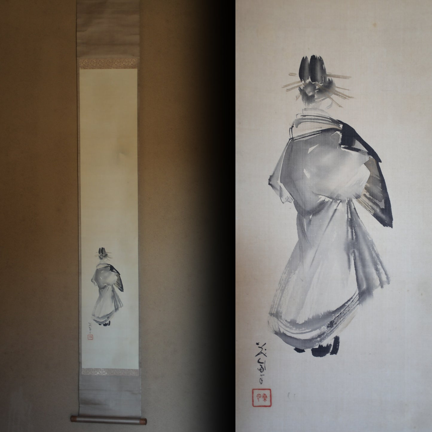Japanese antique art hanging scroll paint, MAIKO kimono woman retreating figure with sign, Kakejiku with BOX 1950s H73.6×10.2in/H187×26cm