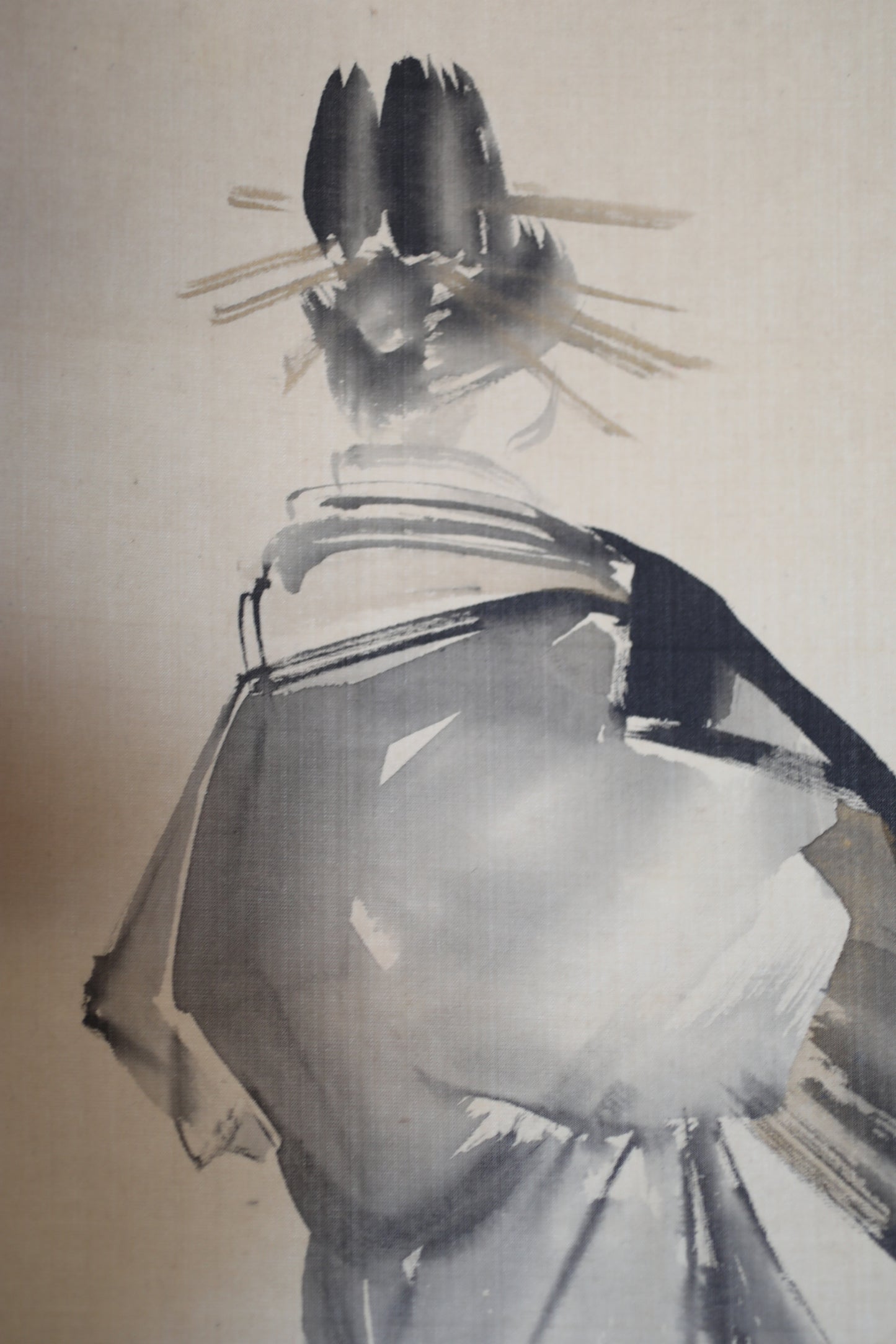 Japanese antique art hanging scroll paint, MAIKO kimono woman retreating figure with sign, Kakejiku with BOX 1950s H73.6×10.2in/H187×26cm