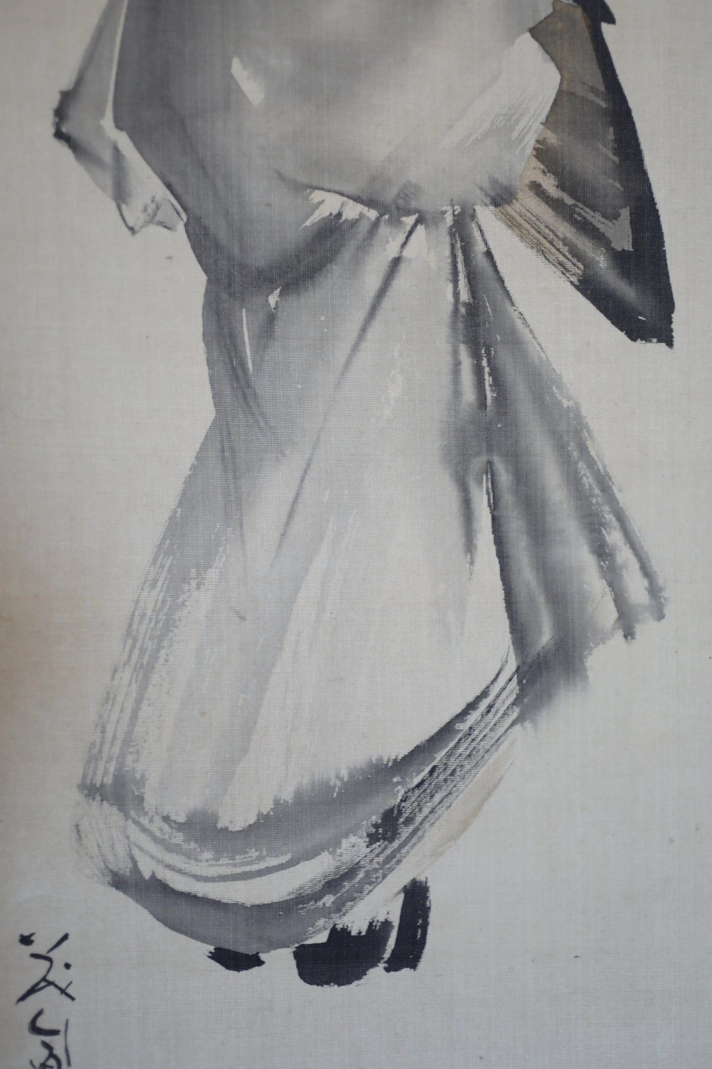 Japanese antique art hanging scroll paint, MAIKO kimono woman retreating figure with sign, Kakejiku with BOX 1950s H73.6×10.2in/H187×26cm