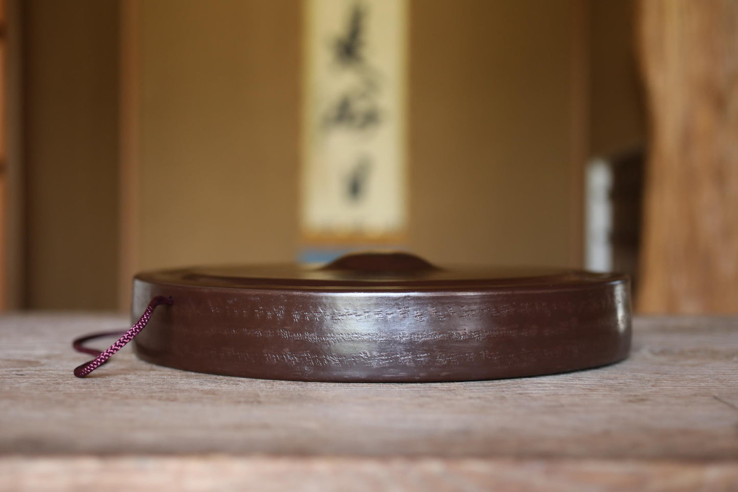 Japanese Bronze Gong - Large Antique Tea Ceremony Bell with Leather Striker | Vintage Buddhist Instrument 13.2in