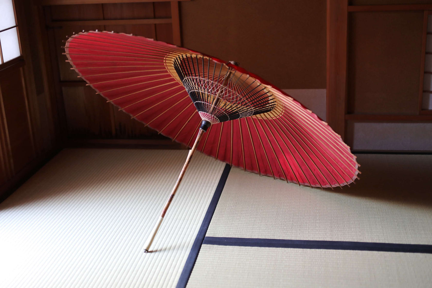 Japanese vintage Traditional Umbrella WAGASA BANGASA  in dark red with a white ring, made of paper and bamboo   H30.3×39.4in/H77×100cm