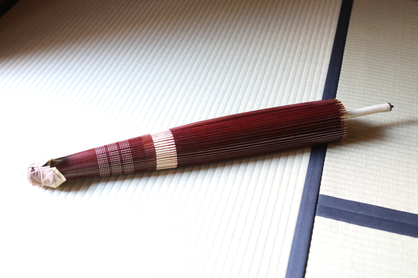 Japanese vintage Traditional Umbrella WAGASA BANGASA  in dark red with a white ring, made of paper and bamboo   H30.3×39.4in/H77×100cm