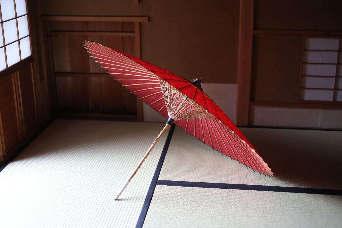 Japanese vintage Traditional Umbrella WAGASA BANGASA  in dark red with a white ring, made of paper and bamboo   H29.9×39.4in/H76×100cm