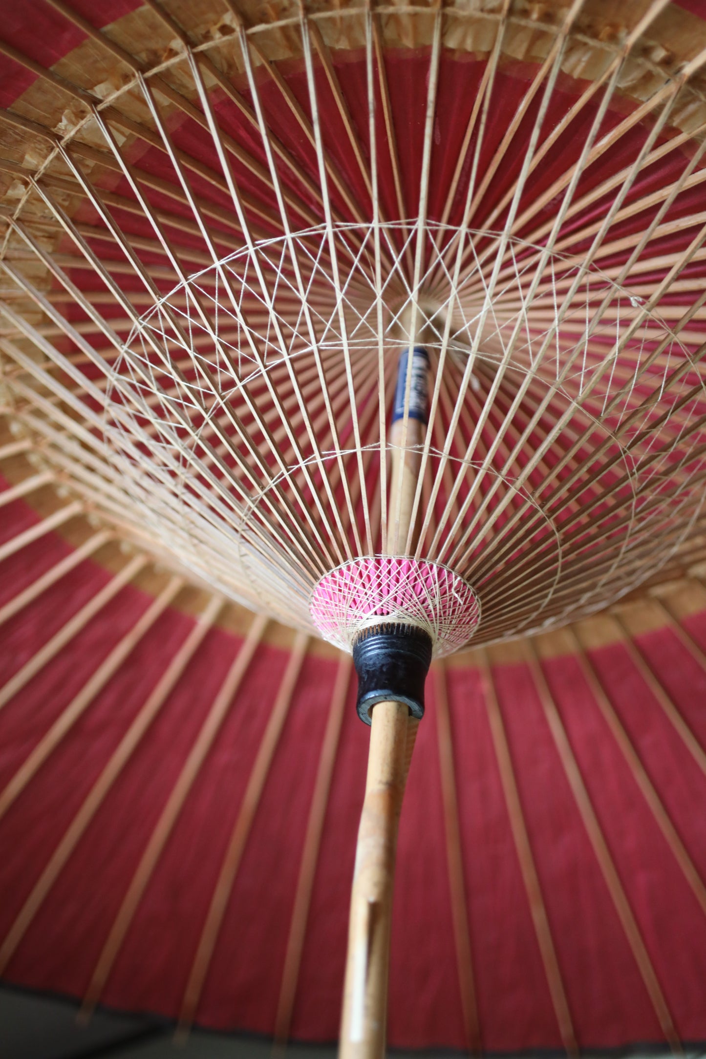 Japanese vintage Traditional Umbrella WAGASA BANGASA  in dark red with a white ring, made of paper and bamboo   H29.9×39.4in/H76×100cm