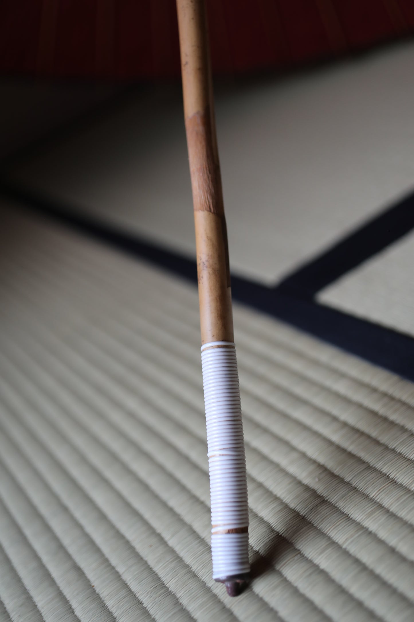Japanese vintage Traditional Umbrella WAGASA BANGASA  in dark red with a white ring, made of paper and bamboo   H29.9×39.4in/H76×100cm
