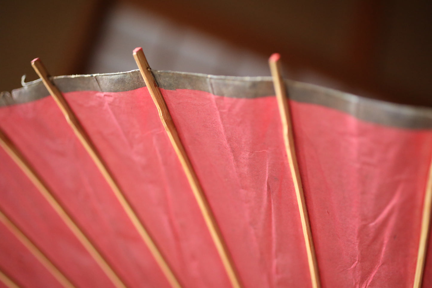 Japanese vintage Traditional Umbrella WAGASA BANGASA  in dark red with a white ring, made of paper and bamboo   H29.9×39.4in/H76×100cm